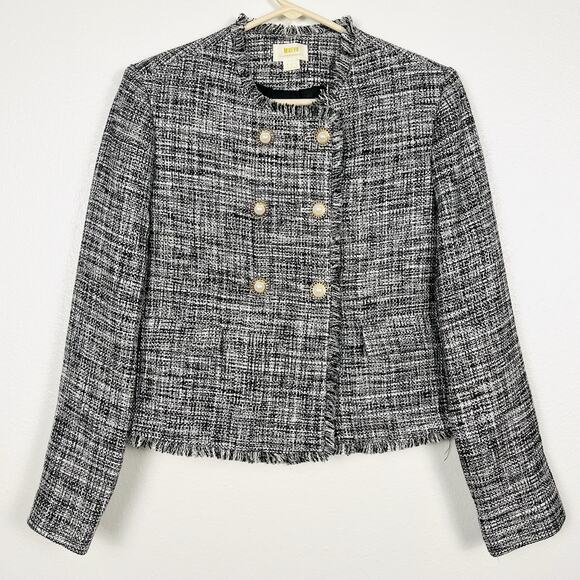 Anthropologie sz 4 Tweed Double-Breasted Black/White Pearl Button Blazer Jacket - Picture 3 of 9